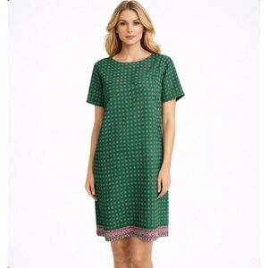 J Crew Green Geometric Print Shift Dress Border Hem Preppy Classic Sz 10